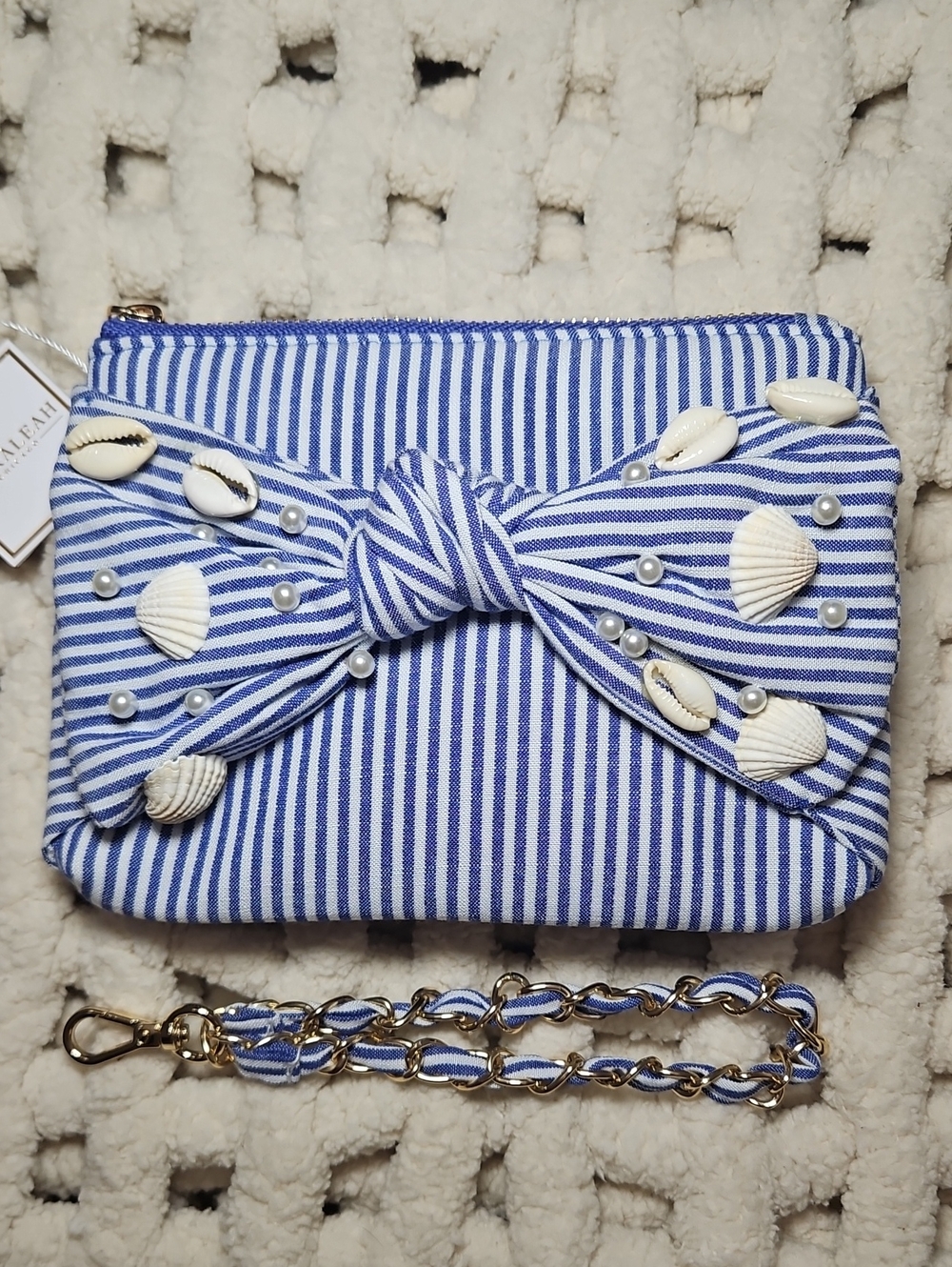 Shiraleah Shelly Bow Wristlet Bag Blue Stripe New Seashells Pearls Nautical